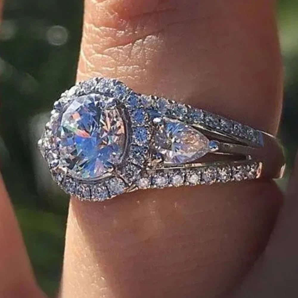 😍Noble Anillos Round Zircon Three Layer Hollow Silver Plated Dainty Ring, L219 - Picture 1 of 5